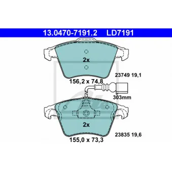 Jeu de 4 plaquettes de frein avant ATE OEM 7L6698151B