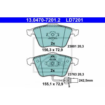 Jeu de 4 plaquettes de frein avant ATE 13.0470-7201.2 pour AUDI A4 2.5 TDI quattro - 180cv