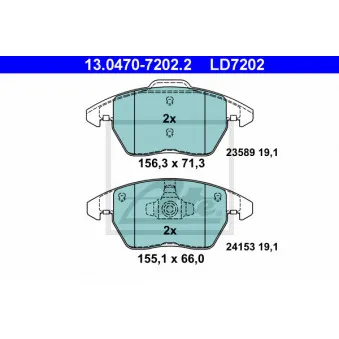 Jeu de 4 plaquettes de frein avant ATE 13.0470-7202.2 pour PEUGEOT 307 2.0 HDI 135 FAP - 136cv
