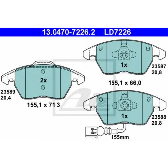 Jeu de 4 plaquettes de frein avant ATE 13.0470-7226.2 pour VOLKSWAGEN TOURAN 1.4 TSI - 140cv