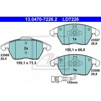 Jeu de 4 plaquettes de frein avant ATE 13.0470-7226.2 pour VOLKSWAGEN GOLF 1.9 TDI - 90cv