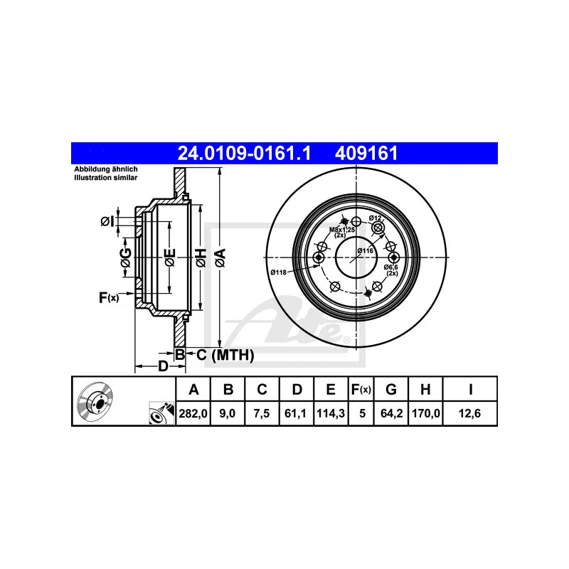 Jeu de 2 disques de frein arrière ATE 24.0109-0161.1 - Visuel 1