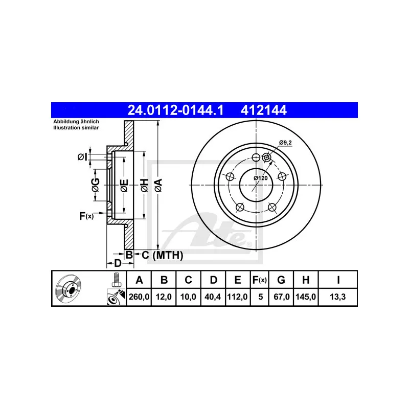 Jeu de 2 disques de frein avant ATE 24.0112-0144.1 - Visuel 1