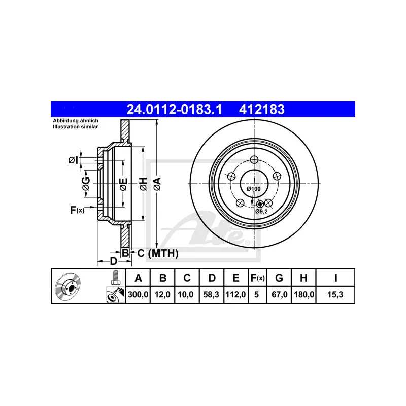 Jeu de 2 disques de frein arrière ATE 24.0112-0183.1 - Visuel 1