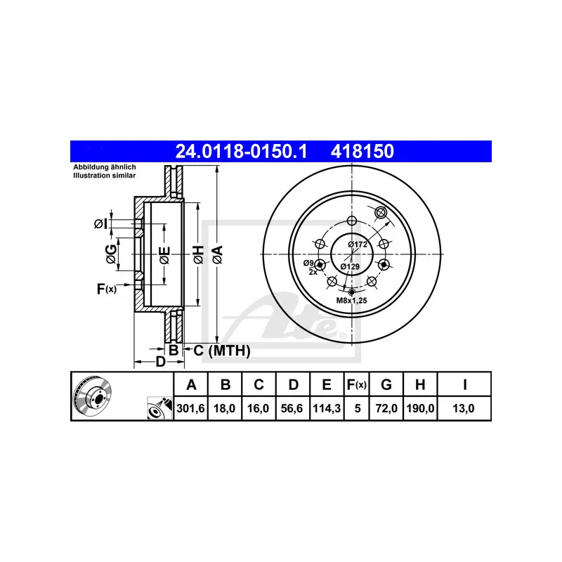 Jeu de 2 disques de frein arrière ATE 24.0118-0150.1 - Visuel 1