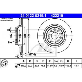 Jeu de 2 disques de frein arrière ATE 24.0122-0219.1 pour VOLKSWAGEN PASSAT 1.8 TSI - 160cv