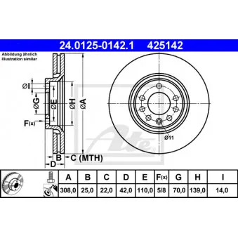 Jeu de 2 disques de frein avant ATE 24.0125-0142.1 pour OPEL ASTRA 1.7 CDTI - 125cv