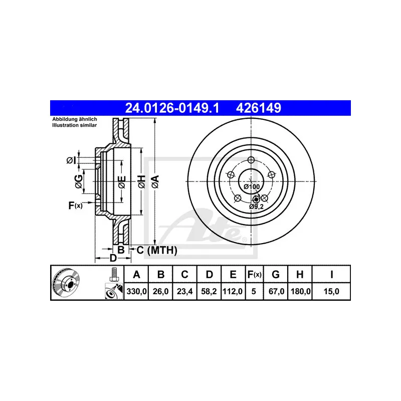 Jeu de 2 disques de frein arrière ATE 24.0126-0149.1 - Visuel 1