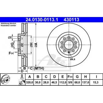 Jeu de 2 disques de frein avant ATE 24.0130-0113.1 pour AUDI A4 1.8 T - 163cv