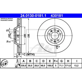 Jeu de 2 disques de frein avant ATE 24.0130-0181.1 pour CITROEN C5 2.2 HDI - 170cv