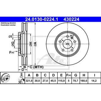 Jeu de 2 disques de frein avant ATE 24.0130-0224.1 pour OPEL ASTRA 1.7 CDTI - 131cv