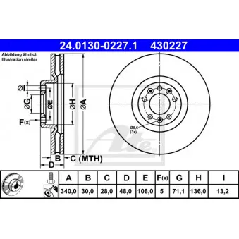 Jeu de 2 disques de frein avant ATE 24.0130-0227.1 pour CITROEN C5 2.2 HDI 200 - 204cv