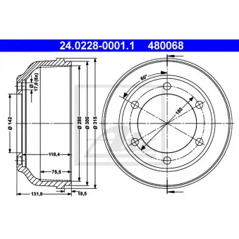 Tambour de frein ATE 24.0228-0001.1 pour MAN F2000 2.5 TD - 101cv