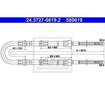 Tirette à câble, frein de stationnement ATE 24.3727-0619.2 pour FORD TRANSIT 2.5 D - 68cv