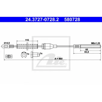 Tirette à câble, frein de stationnement ATE 24.3727-0728.2 pour OPEL CORSA 1.2 S - 55cv