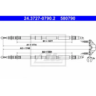 Tirette à câble, frein de stationnement ATE 24.3727-0790.2 pour OPEL ZAFIRA 1.6 CNG Turbo - 150cv