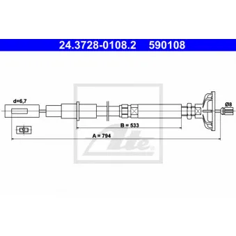 Tirette à câble, commande d'embrayage ATE 24.3728-0108.2 pour VOLKSWAGEN GOLF 1.6 GTI - 110cv