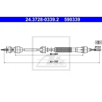 Tirette à câble, commande d'embrayage ATE 24.3728-0339.2 pour CITROEN XSARA 1.9 D - 88cv