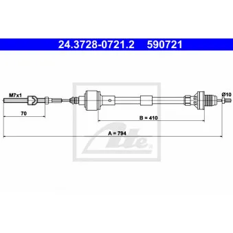 Tirette à câble, commande d'embrayage ATE 24.3728-0721.2 pour OPEL CORSA 1.6 GSI 16V - 109cv