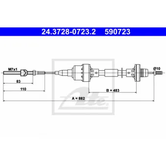 Tirette à câble, commande d'embrayage ATE 24.3728-0723.2 pour OPEL ASTRA 1.6 i 16V - 100cv