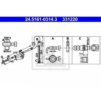 Flexible de frein ATE 24.5161-0314.3 pour CITROEN C5 2.0 HDi 150 / BlueHDi 150 - 150cv