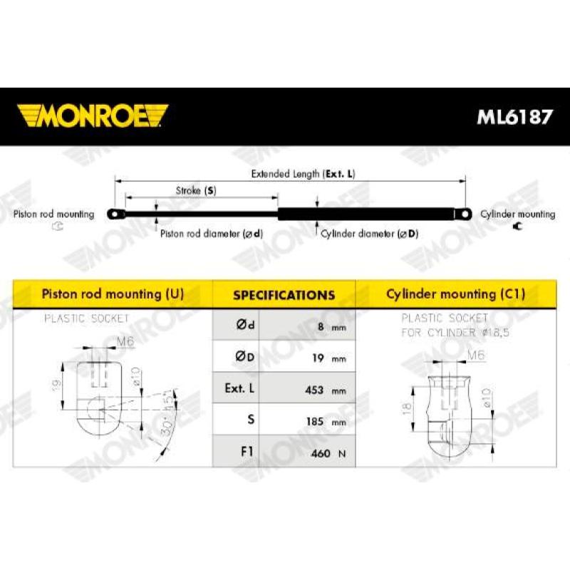 Vérin de hayon, de coffre MONROE ML6187 - Visuel 2