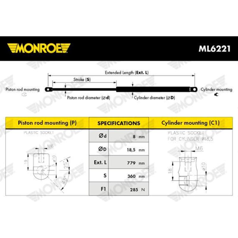 Vérin, capot-moteur MONROE ML6221 - Visuel 1