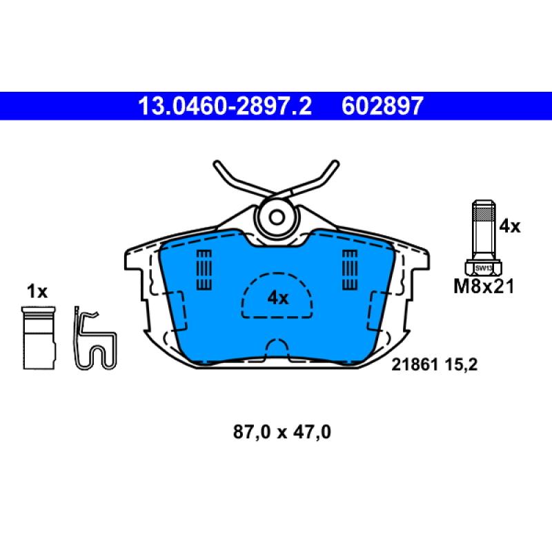 Jeu de 4 plaquettes de frein arrière ATE 13.0460-2897.2 - Visuel 1