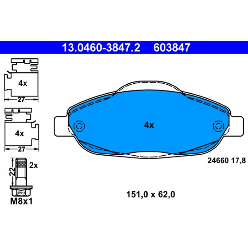 Jeu de 4 plaquettes de frein avant ATE 13.0460-3847.2 - Visuel 1