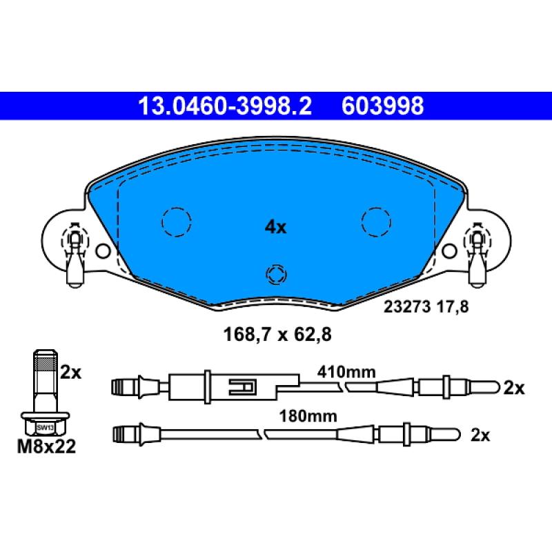 Jeu de 4 plaquettes de frein avant ATE 13.0460-3998.2 - Visuel 1