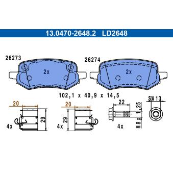 Jeu de 4 plaquettes de frein arrière ATE OEM KTL1TC2M007AB