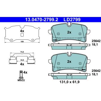 Jeu de 4 plaquettes de frein arrière ATE OEM 95B698451A