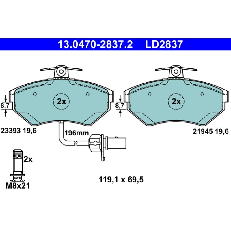 Jeu de 4 plaquettes de frein avant ATE 13.0470-2837.2 - Visuel 1