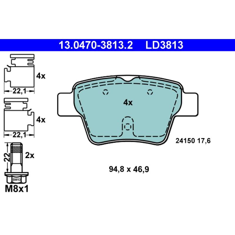 Jeu de 4 plaquettes de frein arrière ATE 13.0470-3813.2 - Visuel 1