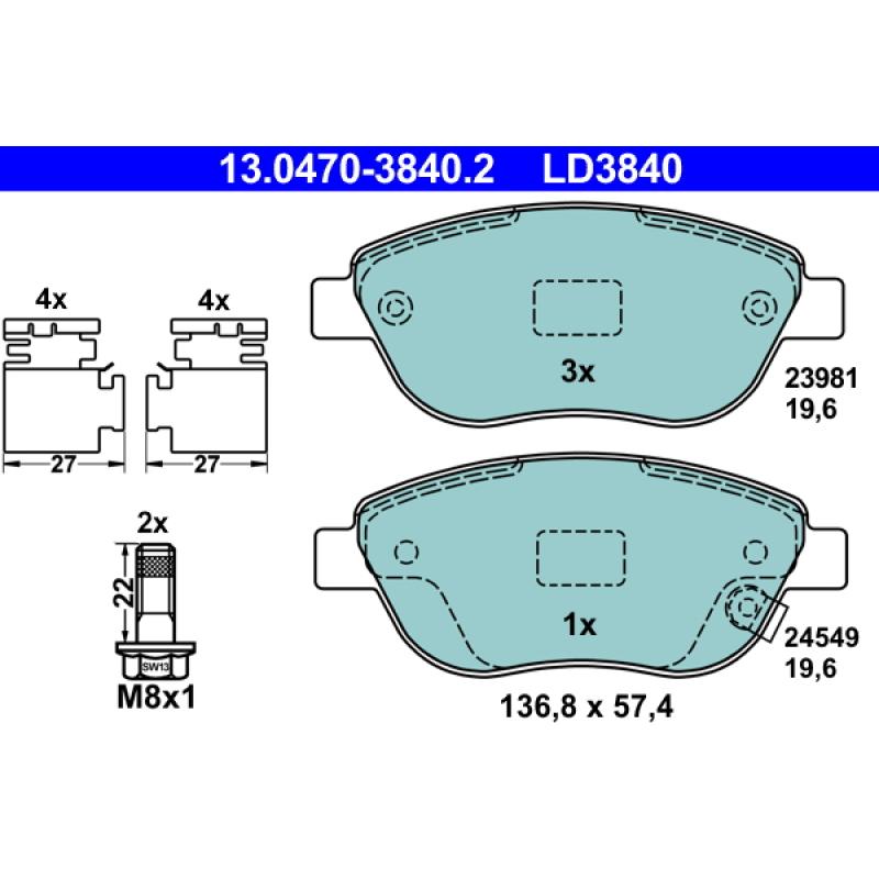 Jeu de 4 plaquettes de frein avant ATE 13.0470-3840.2 - Visuel 1