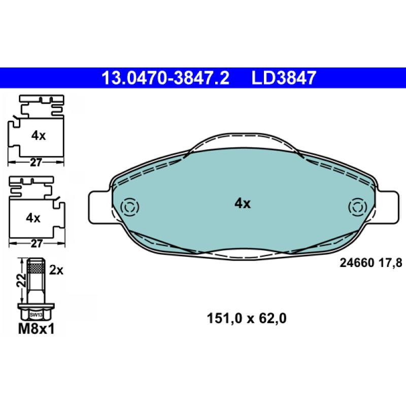 Jeu de 4 plaquettes de frein avant ATE 13.0470-3847.2 - Visuel 1