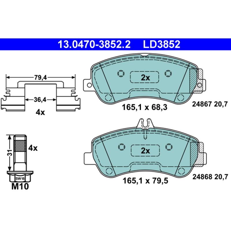 Jeu de 4 plaquettes de frein avant ATE 13.0470-3852.2 - Visuel 1