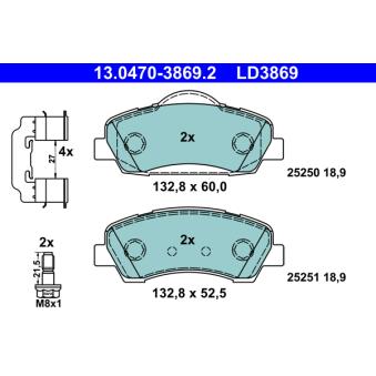 Jeu de 4 plaquettes de frein avant ATE OEM 1608691380