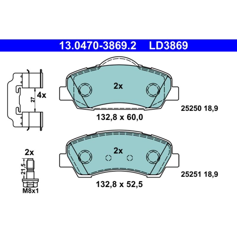 Jeu de 4 plaquettes de frein avant ATE 13.0470-3869.2 - Visuel 1