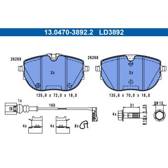 Jeu de 4 plaquettes de frein avant ATE OEM 7LA698151