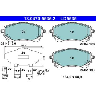 Jeu de 4 plaquettes de frein avant ATE 13.0470-5535.2 pour TOYOTA COROLLA 1,8 VVTi Hybrid - 140cv