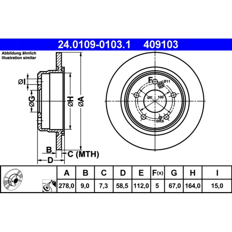 Jeu de 2 disques de frein arrière ATE 24.0109-0103.1 - Visuel 1