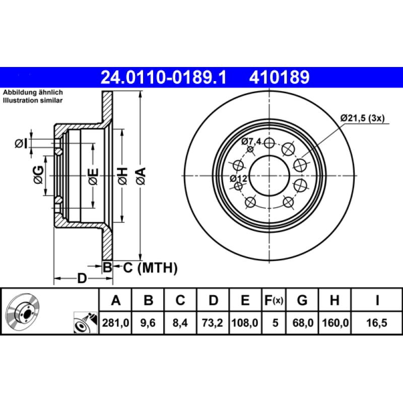 Jeu de 2 disques de frein arrière ATE 24.0110-0189.1 - Visuel 1