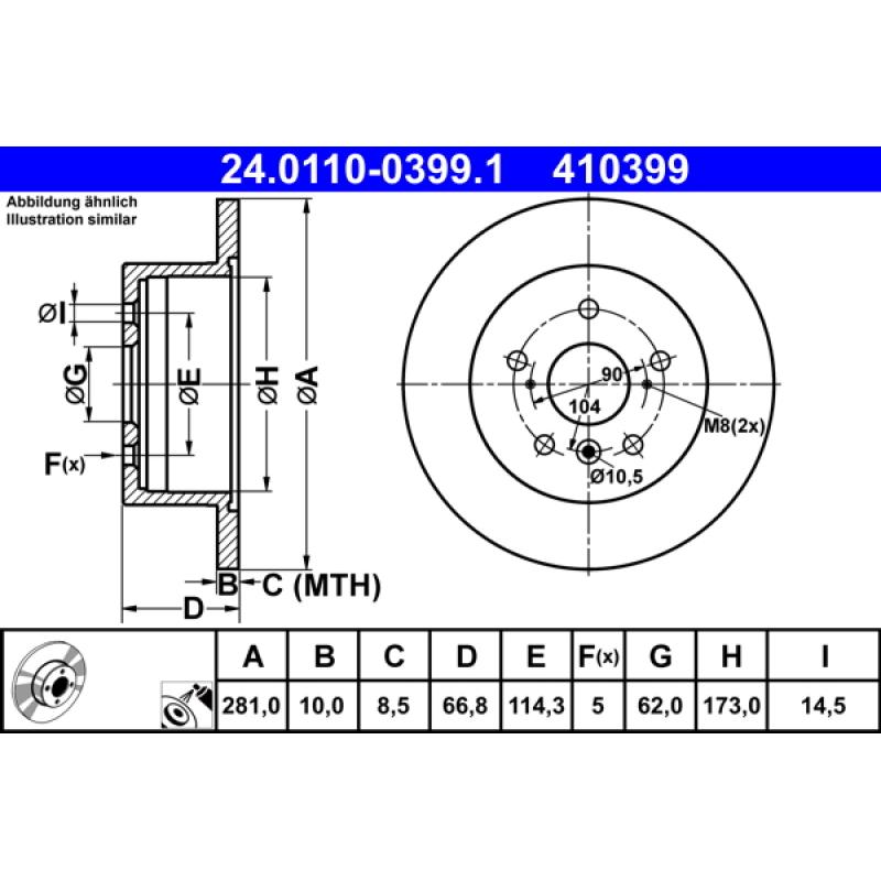 Jeu de 2 disques de frein arrière ATE 24.0110-0399.1 - Visuel 1
