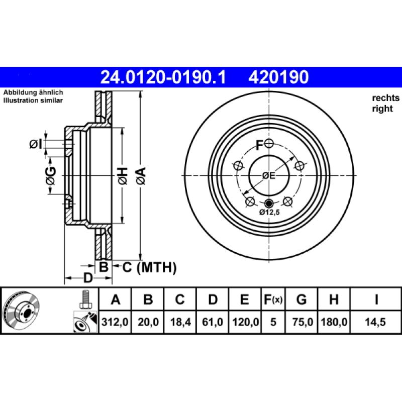 Disque de frein arrière droit ATE 24.0120-0190.1 - Visuel 1