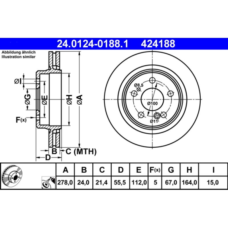 Jeu de 2 disques de frein arrière ATE 24.0124-0188.1 - Visuel 1