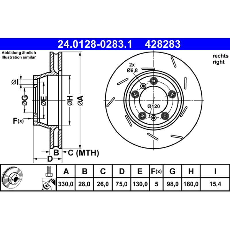 Disque de frein arrière droit ATE 24.0128-0283.1 - Visuel 1