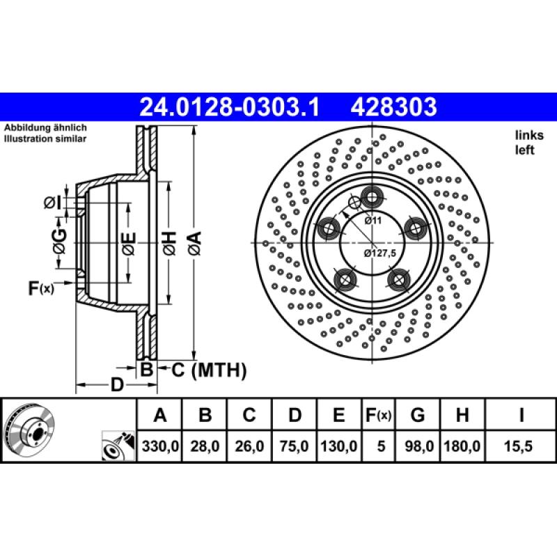 Disque de frein arrière gauche ATE 24.0128-0303.1 - Visuel 1