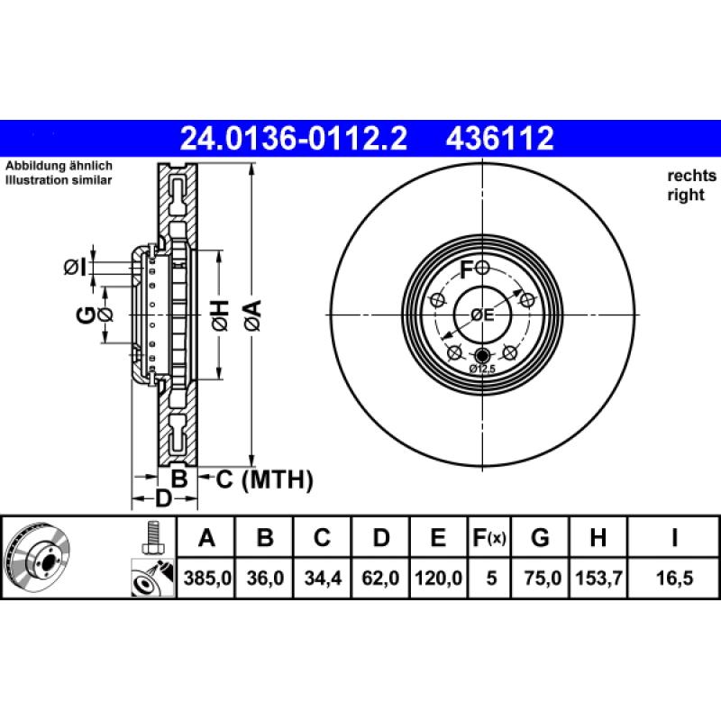 Disque de frein avant droit ATE 24.0136-0112.2 - Visuel 1
