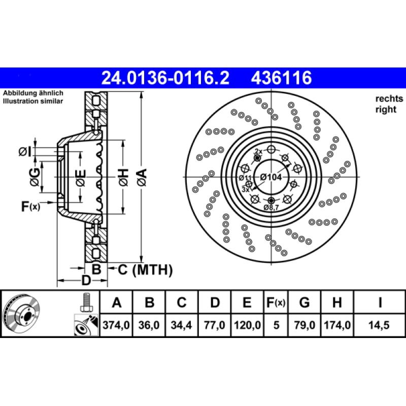 Disque de frein avant droit ATE 24.0136-0116.2 - Visuel 1